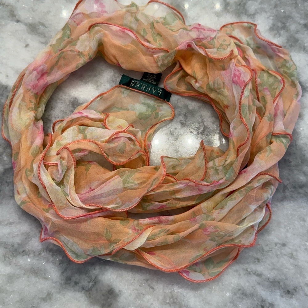 BNWOT Vintage Ralph Lauren 100% Silk Coral Peach Floral Sheer Ruffle Romantic